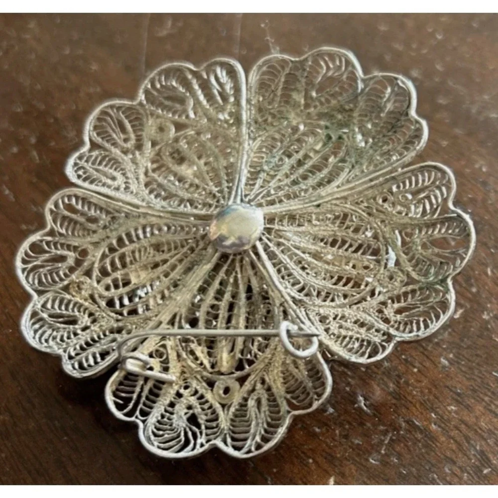 Vintage Filigree Flower Brooch Pin Layered Spun Metal Wire Floral As Is*